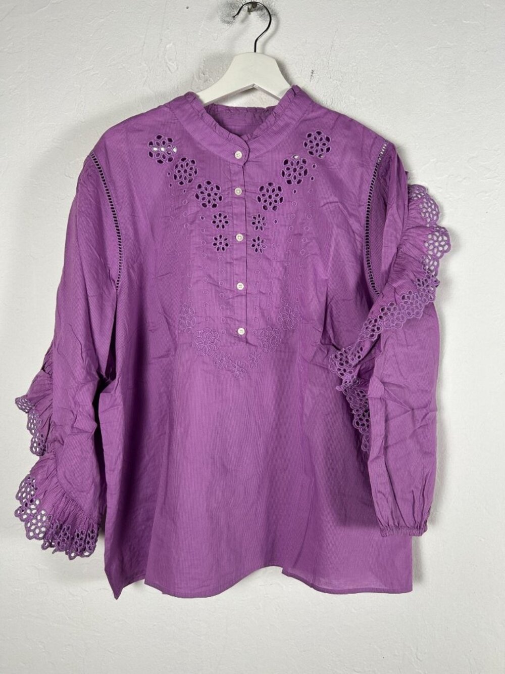 J.Crew Womens Ruffle-Sleeve Top with Embroidered Eyelet XXL Purple AR971 New